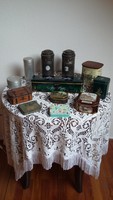 12 pléh, fém lemez doboz: kávés (Janssen - Heidelberg),  teás, cukorkás, cigarettás, stb