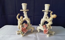 ENS német porcelán gyertyatartó párban -  rózsával, angyallal