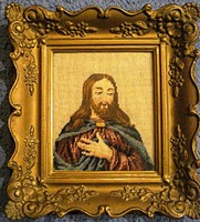 Needle tapestry depicting an old Christ in a gilded blondel frame
