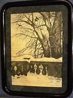 Etching by István Zádor: Winter on Margaret Island in an art deco frame