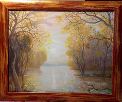 József Horváth - rising sun on the Tisza (with frame)