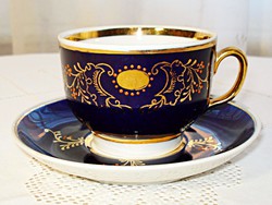 ​​​ Kobaltkék, kézzel festett, orosz porcelán reggeliző csésze, aljával
