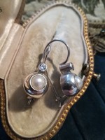 Silver button earrings with cz and genuine pearl ag 925