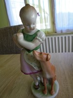 Herendi porcelán kislány figura kutyussal