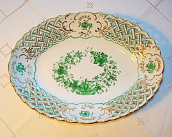 Herendi, Green Indian Basket Pattern Openwork Serving Plate / Bread, Fruit /