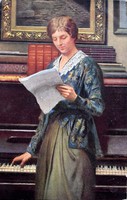 Antik gyönyörű festménylap  - hölgy a zongoránál