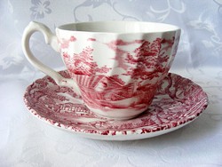 Myott, vadász jelenetes, teás szett, 3 csésze, 3 tányér, csorbulásmentes, vörös dekoros, régi, angol