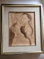 Medveczky Jenő: Anya gyermekével, 1930-as évek, grafika, lavírozott tus