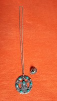 Retró, egyiptomi, fém nyaklánc és gyűrű türkiz színű kővel - szkarabeusz bogár