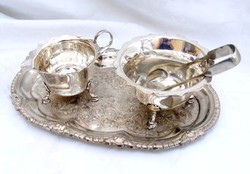 Elegáns, ezüstözött, jelzett, angol teás/kávés kiegészítő szerviz készlet, tálcával, cukorcspesszel
