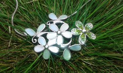 Spring bouquet of pearls + swarovski marked silver pendant + chain