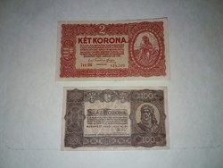 100 korona 1923-as  Magyar Pénzjegynyomda Hajtatlan + 1920-as 2 korona !