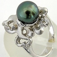 925-s ezüst Octopus (polip) gyűrű, ezüst-zöld igazgyönggyel
