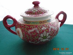 JINGDEZHEN-a volt CSÁSZÁRI MANUFAKTÚRA-Famille Rose nagy cukortartó-dombor zománc mintás