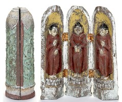 Különleges antikolt utazó oltár - szétnyitható, festett Buddha szobor