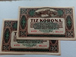 1920-as 10 Korona 2 db sorszámkövető pár 
