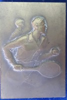 Tenisz vegyespáros öntött bronz plakett vésett :L.L.G.T.S.K.1933 I.Hugoenin gyártó mérete :52mmX36mm