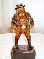Antique Austrian pot-bellied, painted wooden statue of a man in a hat /1934/