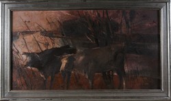 Unknown Artist: Cows by the Water, Oil on Fiberboard