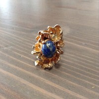 Régi kézműves aranyozott ezüst gyűrű lápisz lazuli kővel
