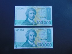 2 darab 100000 dinár 1993 Horvátország Sorszámkövető !!!