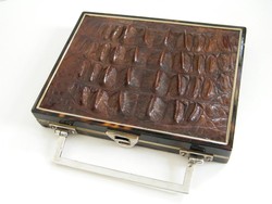 Antik krokodilbőr tetejű tükrös pipere, púderes doboz, mini bőrönd, koffer