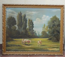Csákváry Gyula: Legelésző tehenek. Olaj, vászon 56x69cm, festmény. Tájkép. Fa képkeret