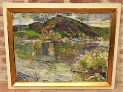 Juhász Erika (1926-2018) Visegrád esőben c. olaj/vászon festménye 94x74cm EREDETI GARANCIÁVAL !!!