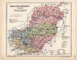 Maros - Torda vármegye térkép 1904, megye, Nagy - Magyarország, eredeti, Kogutowicz Manó, atlasz