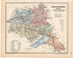 Veszprém vármegye térkép 1904, megye, Nagy - Magyarország, eredeti, Kogutowicz Manó, atlasz