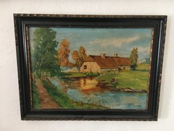 Juszkó jelzéssel: Tehén a folyóparton.Olaj, karton, keretben, 43,5 × 57,5 cm