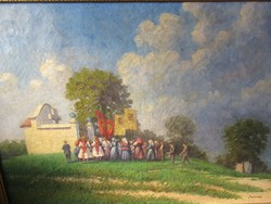 Nowinsky Jenő,Gellérthegyi körmenet,nagyméretű olajfestmény festmény,110x81cm