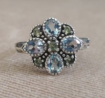 Új, exkluzív valódi akvamarin és peridot köves 925 ezüst gyűrű