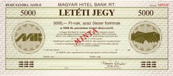 Magyar Hitel Bank Rt. - Letéti Jegy - 5000 Forint - MINTA