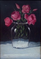Murin Vilmos: Bazsa rózsa, csokor, virág csendélet, olaj festmény, csipke díszes képkeret