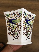Gyönyörű jelzett Kispesti madaras kerámia kaspó