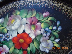 Orosz ZHOSTOVO gazdag virágmintás kézzel festett hagyományos kézműves fémtálca