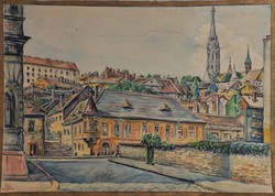 Ismeretlen művész: A Halászbástya látképe, akvarell, 1961