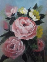 Rózaszín rózsacsokor című  festmény, csendélet