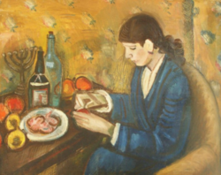 Ismeretlen festő - Hölgy gyümölcsökkel és menórával - judaika - olajfestmény