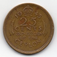 Brit Ceylon 25 cent, 1943