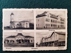 Sárbogárd régi képeslap, Ref. templom, Járásbíróság, Községháza, Vasútállomás