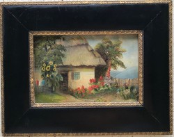Neogrady Antal jelzéssel  Olaj festmény Nyári virágok egy falusi háznál
