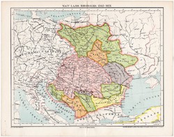 Nagy Lajos birodalma térkép 1382, kiadva 1897, antik, Magyarország, Pallas lexikon melléklet, régi