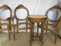 XIV. Lajos stílusú, antik, arany ülőgarnitúra (kerek asztal, fotel, karosszék, szék, aranyozott)