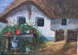Original oil painting from Szentendre, by a contemporary artist, Sándor Mezei: the front of the house - original oilpainting