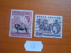 UGANDA KENYA TANGANYIKA 1+1,3 SH 1954 II. Erzsébet királynő,OROSZLÁN,ELEFÁNT 2 DB 16