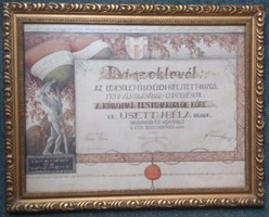 1934 - dr. Usetty Béla Országgyűlési képviselő - MLSZ vezető - 37,5 x 48 cm. - díszoklevél  