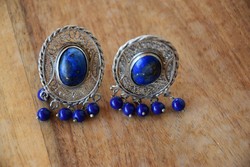 Nagy 5 cm ezüst filigrán klipsz fülbevaló lapis lazuli