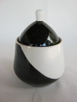 Hollóházi porcelán art deco fekete-fehér bonbonier cukortartó